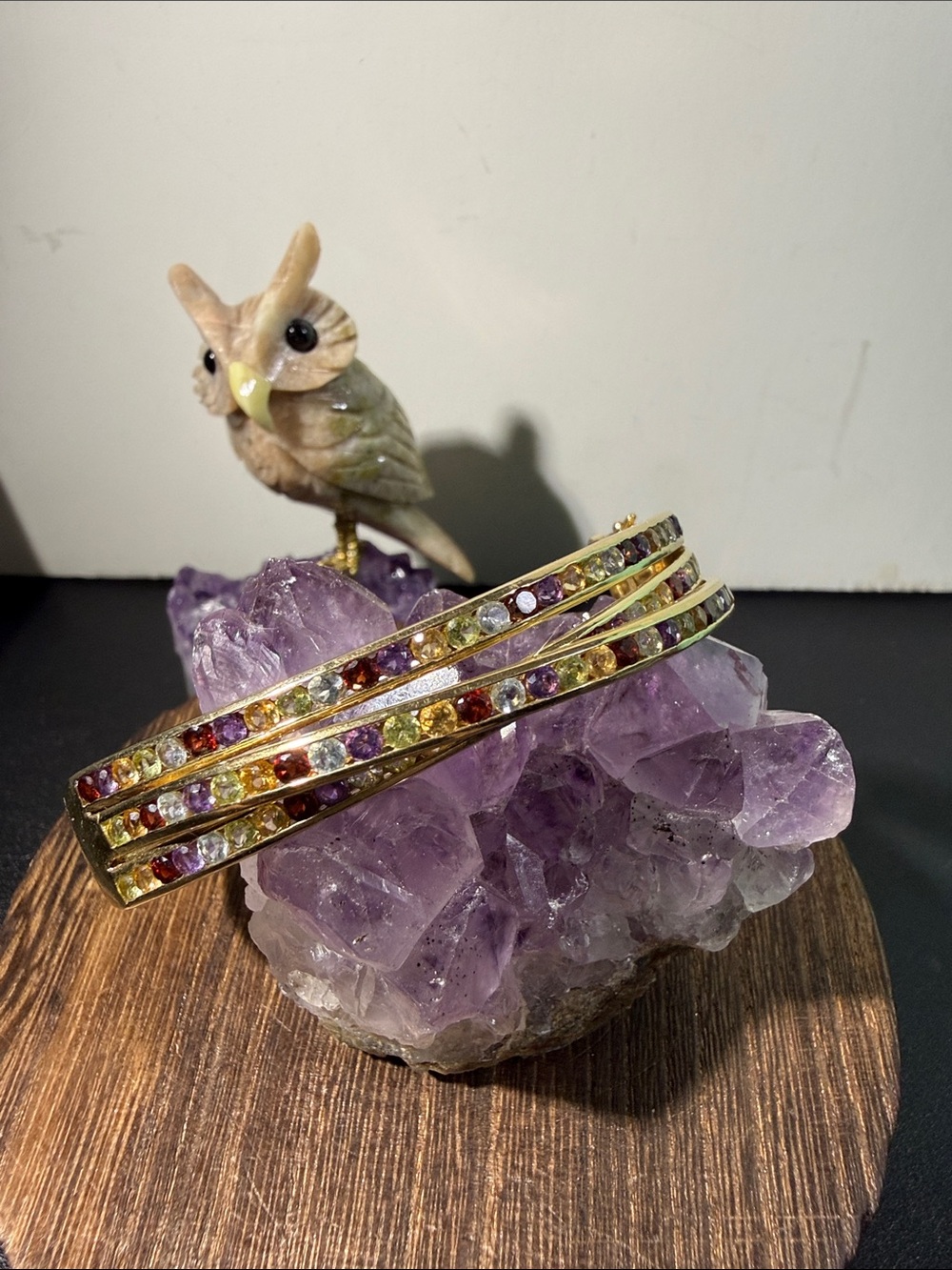 925, Gold Over Multi-Gemstone Hinged Bangle Bracelet - Colorful Gemstones